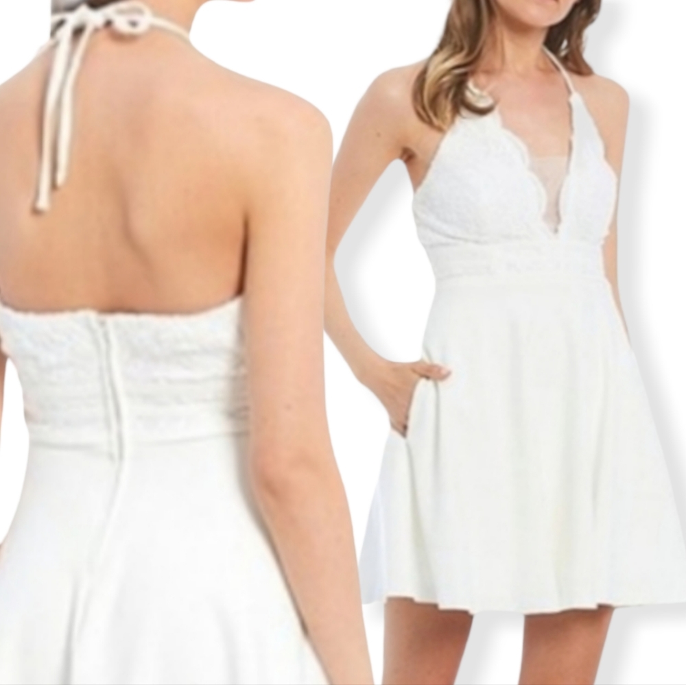 Xtraordinary💌Halter-Neck Scalloped Lace Bodice Fit-and-Flare Dress, Color: Ivor